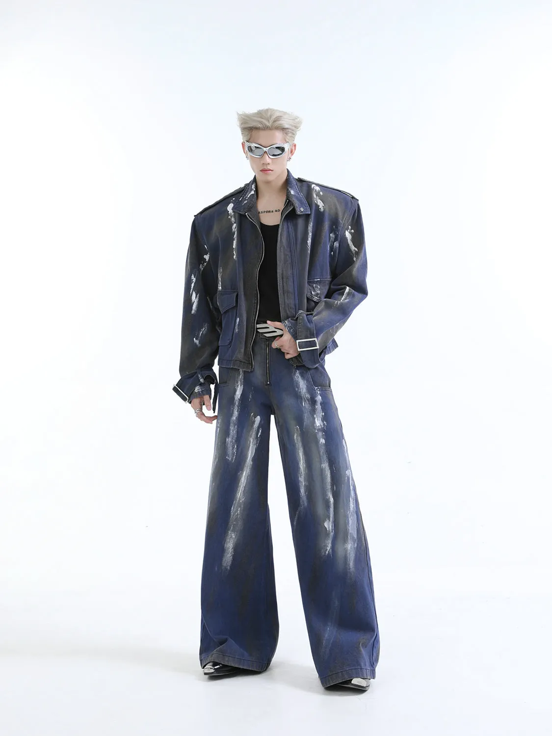 【24s Aug.】Distressed Dirty Dyed Painted Jacket Jeans Shorts Suit