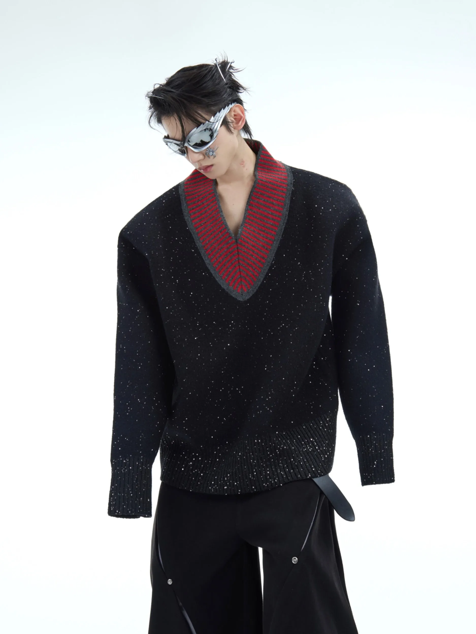 【24s Dec.】Glittery V-neck Textured Sweater