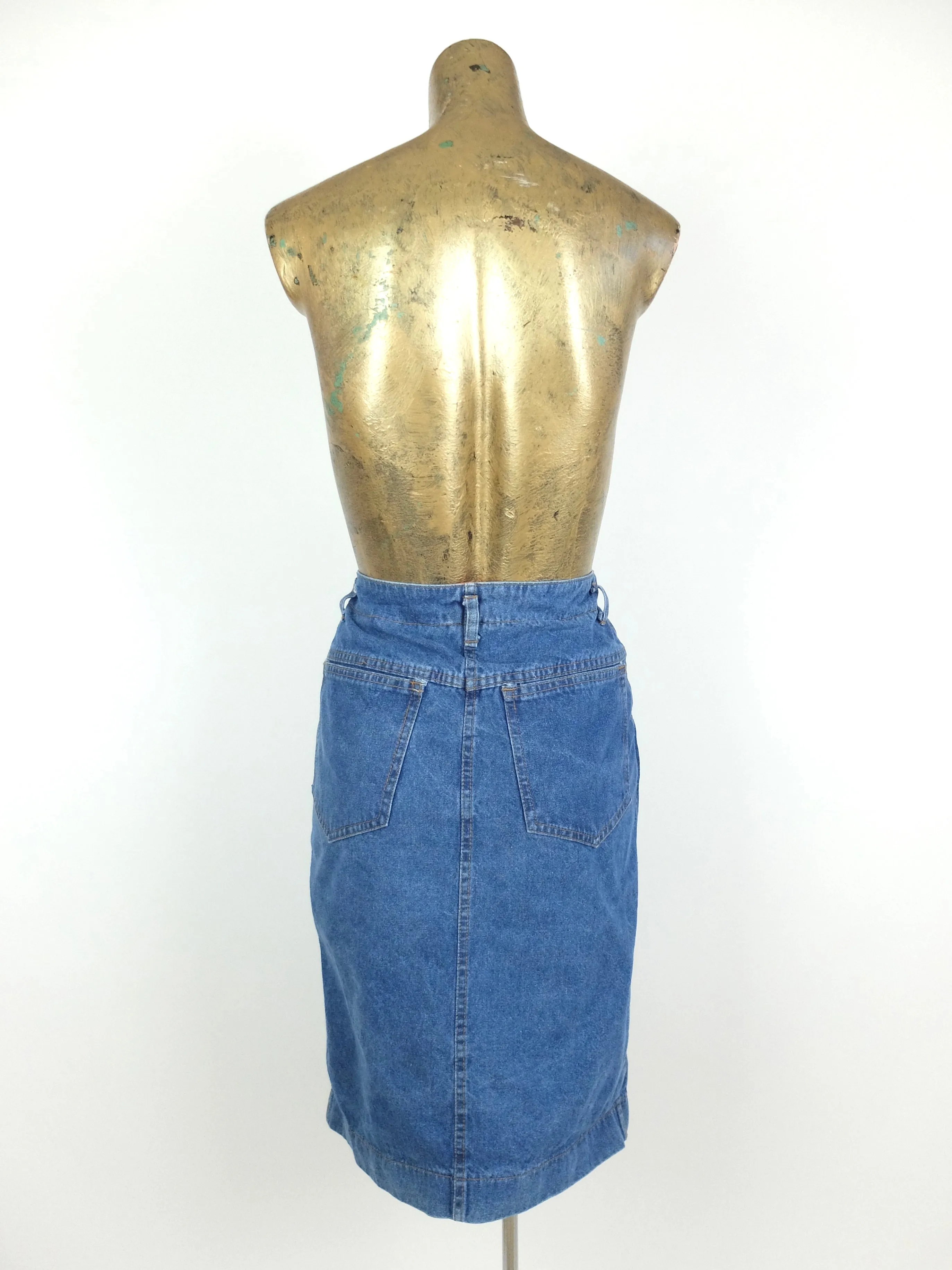 80s Utilitarian Medium Wash Denim High Waisted Snap Button A-Line Jean Mini Skirt