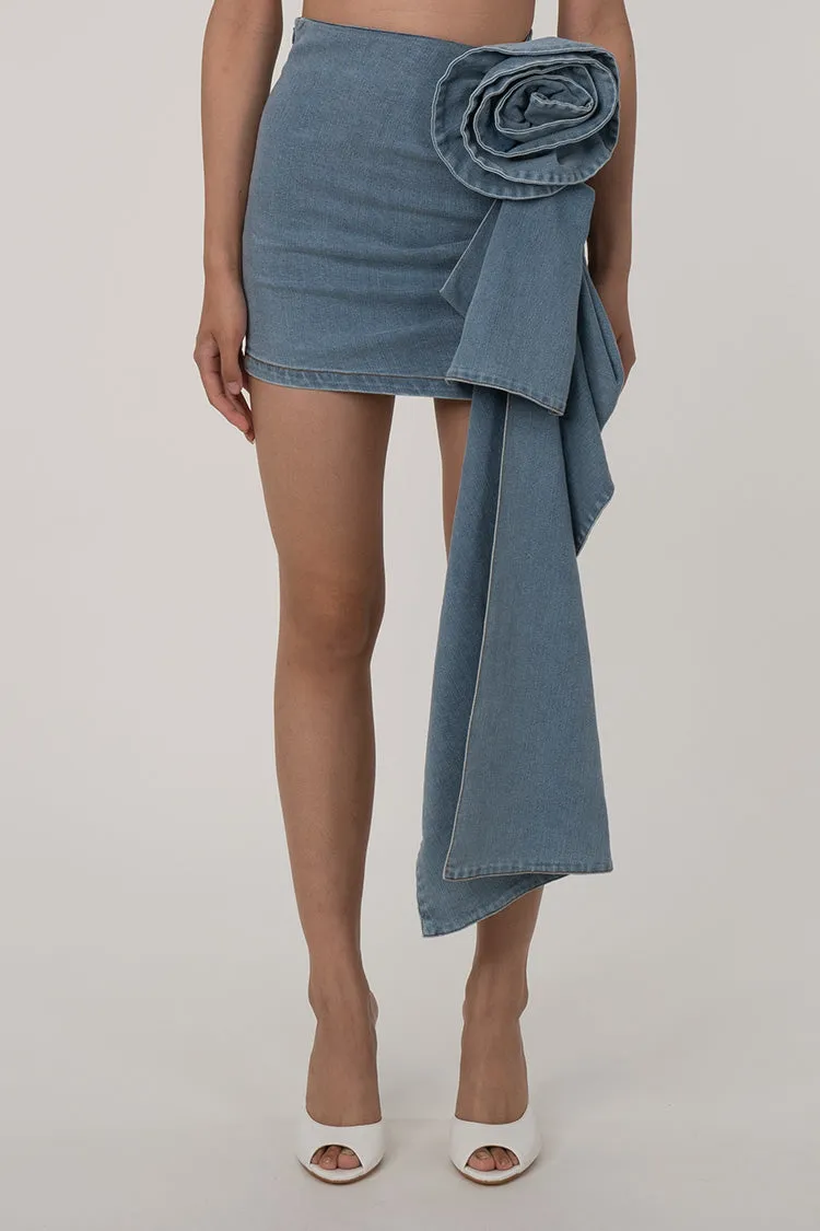 Asymmetric Drape 3D Rosette High Waist Bodycon Faded Denim Mini Skirt