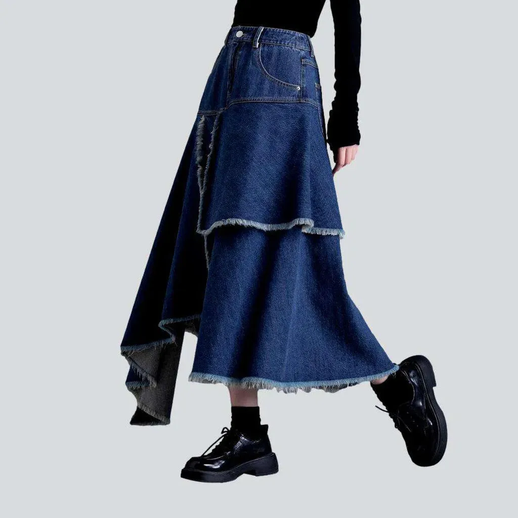 Asymmetric patchwork long denim skirt