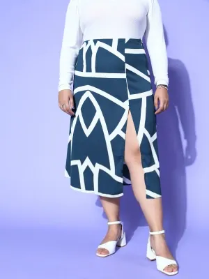 Berrylush Women Plus Size Navy Blue Geometric Printed Thigh-High Slited A-Line Midi Roman Column Skirt