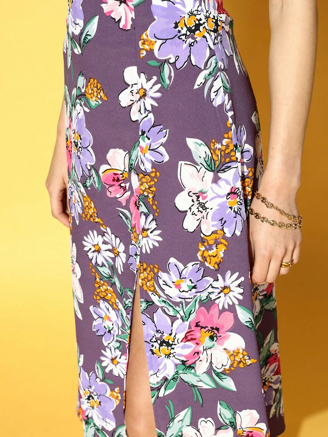 Berrylush Women Purple & Pink Floral Printed Thigh-High Slit Flared A-Line Midi Skirt