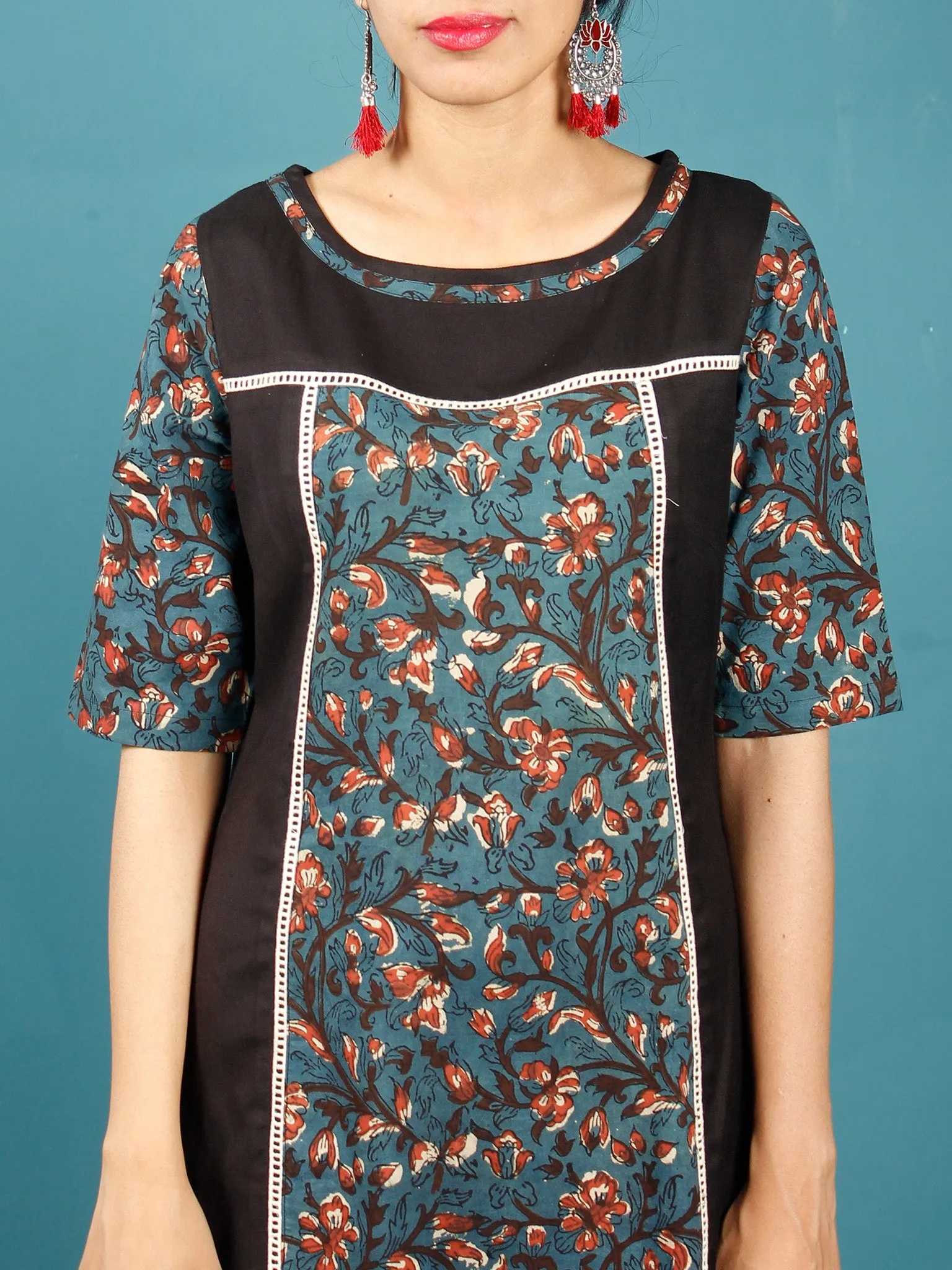 Black Blue Brown Beige Hand Block Printed Cotton Rayon Tunic Dress  - D264F1332