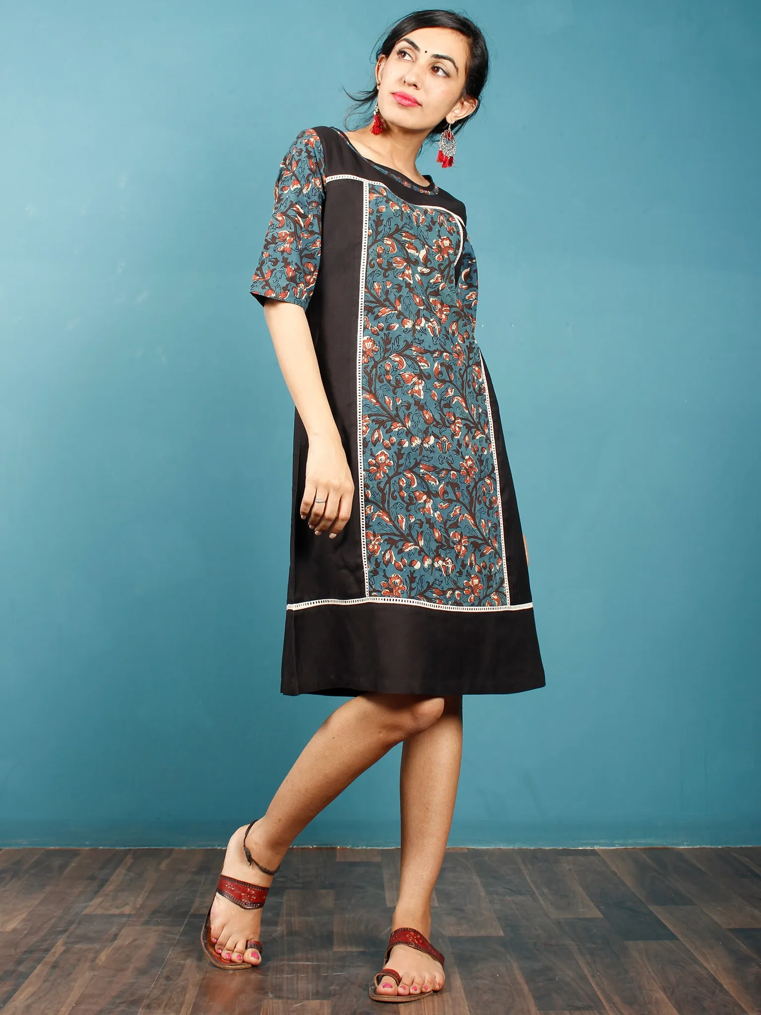 Black Blue Brown Beige Hand Block Printed Cotton Rayon Tunic Dress  - D264F1332