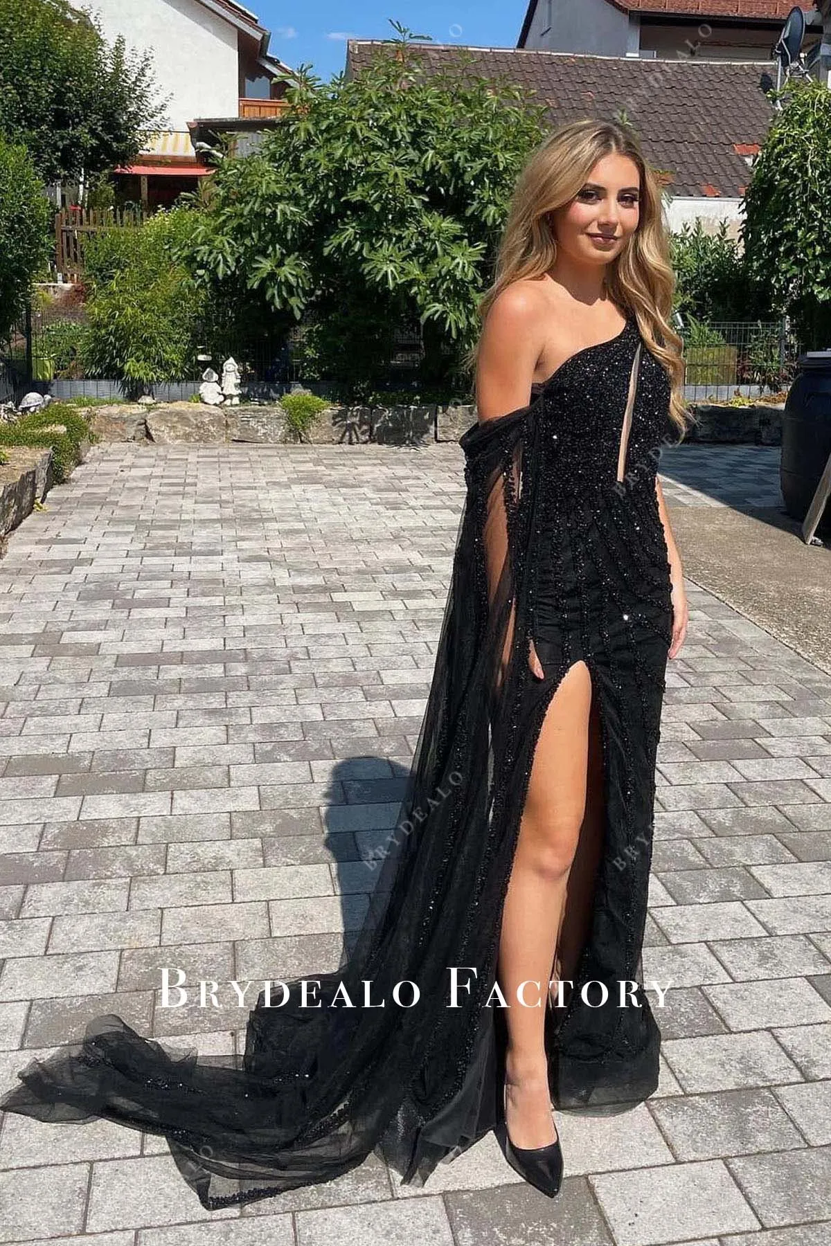 Black Rhinestones Asymmetrical Neckline Slit Prom Dress