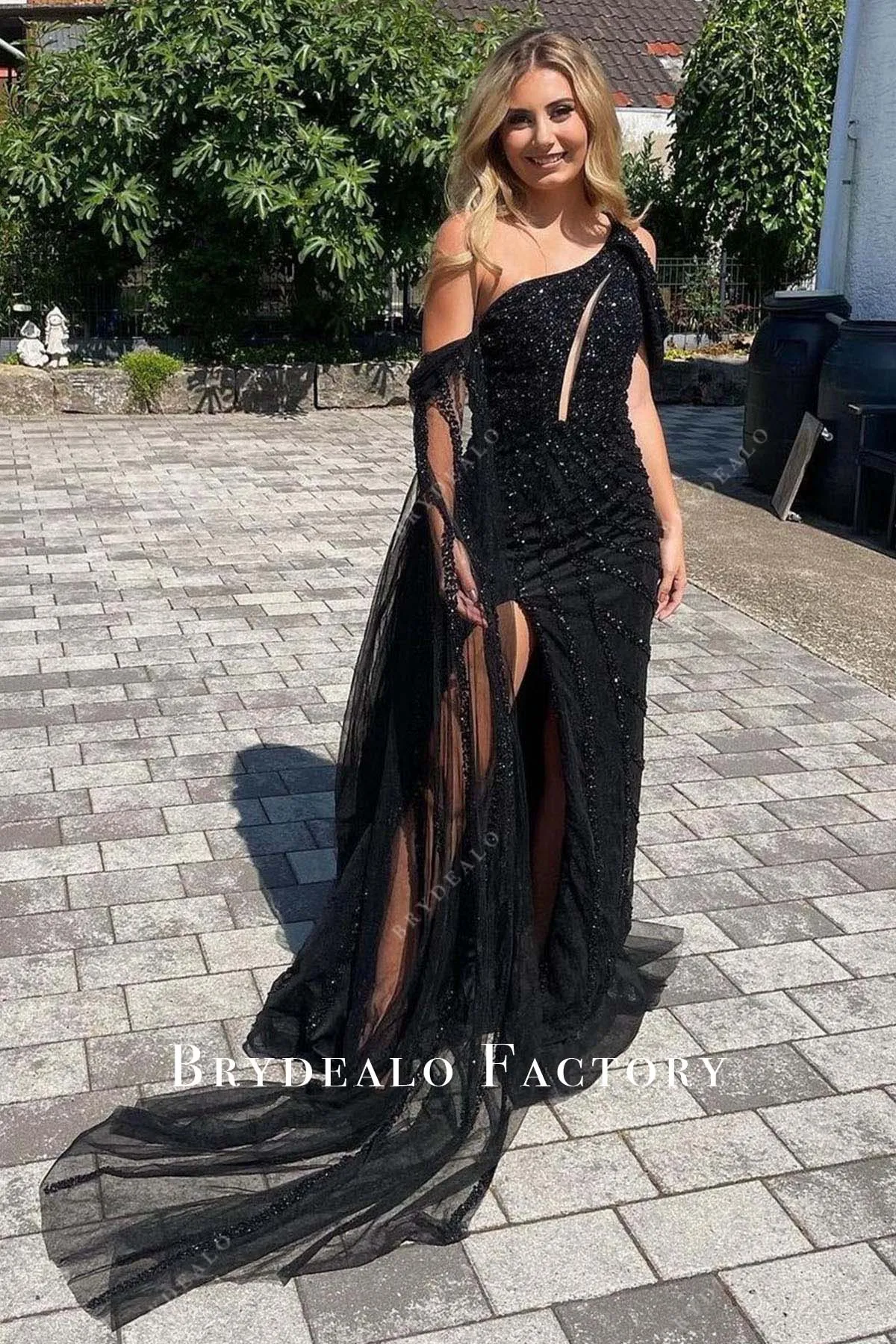 Black Rhinestones Asymmetrical Neckline Slit Prom Dress