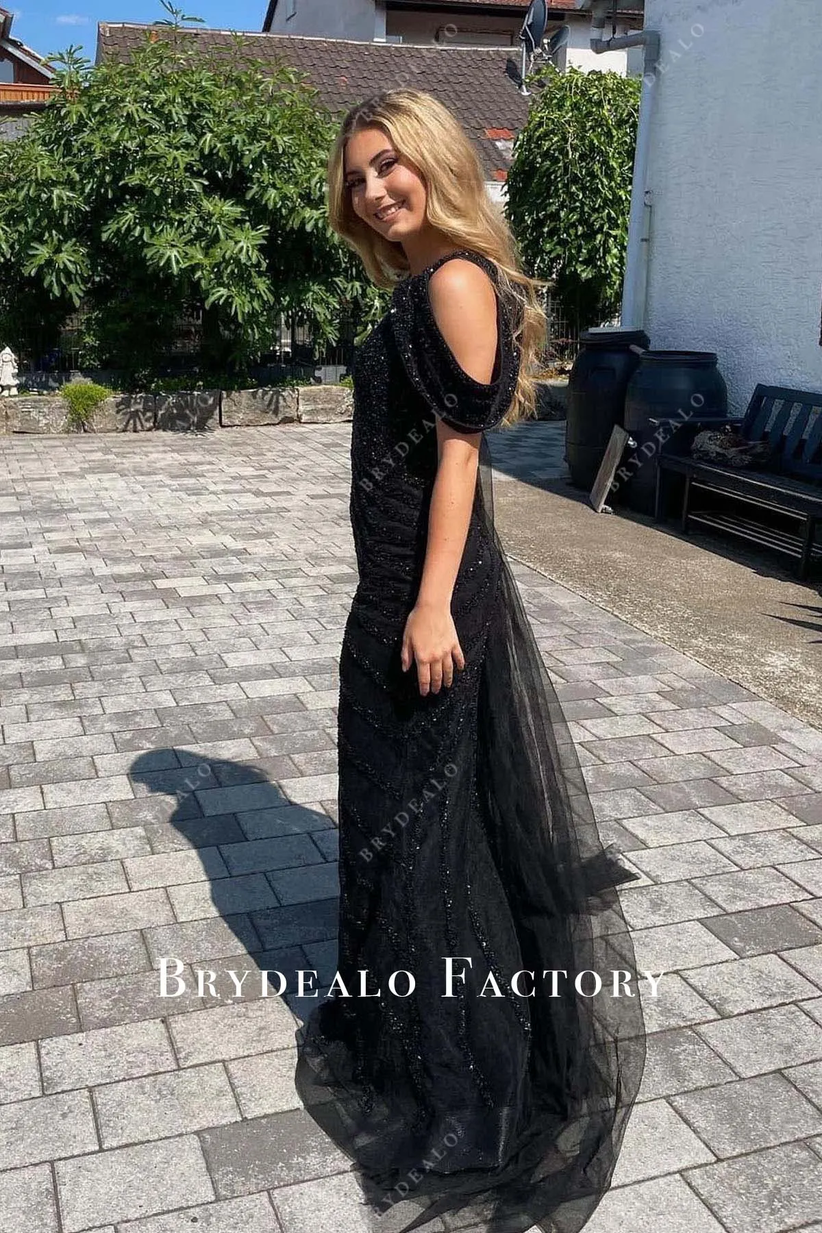 Black Rhinestones Asymmetrical Neckline Slit Prom Dress