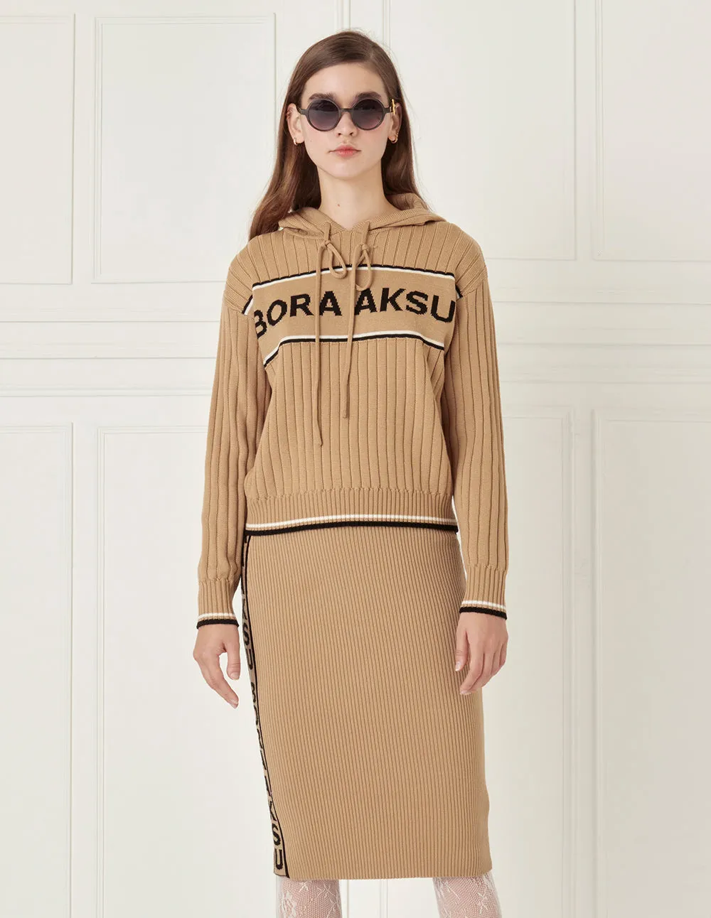 BORA AKSU Contrast-Embellished Wool-Knit Skirt