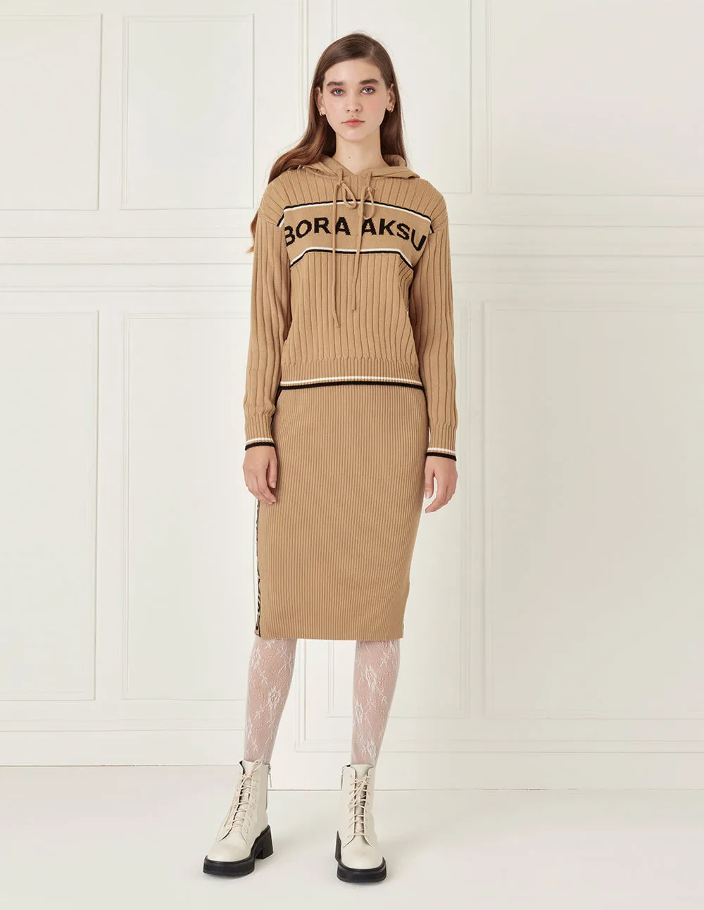 BORA AKSU Contrast-Embellished Wool-Knit Skirt