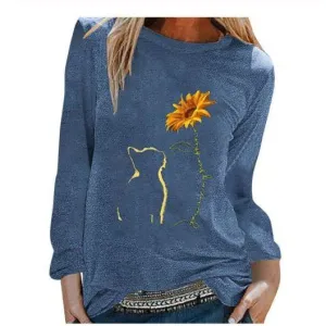 Cat Sunflower Women Long Sleeve T shirt