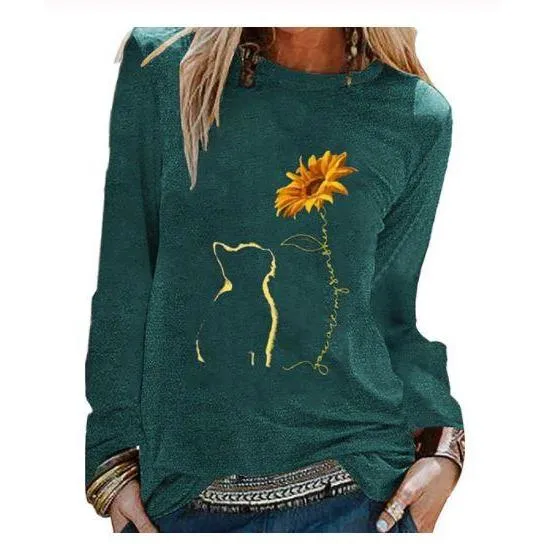 Cat Sunflower Women Long Sleeve T shirt