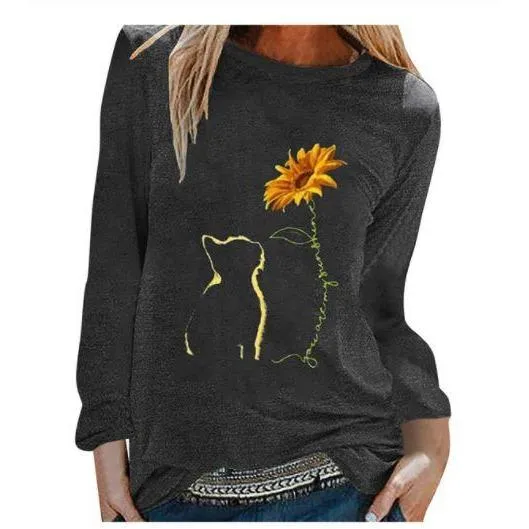 Cat Sunflower Women Long Sleeve T shirt