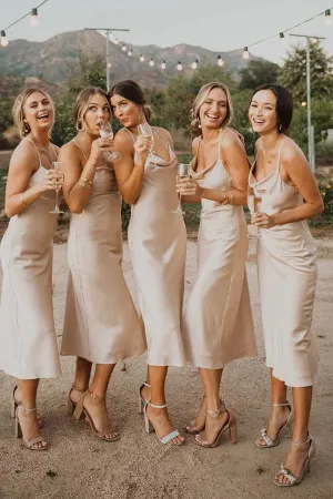 Champagne Cowl Neck Straps Tea Length Bridesmaid Dress