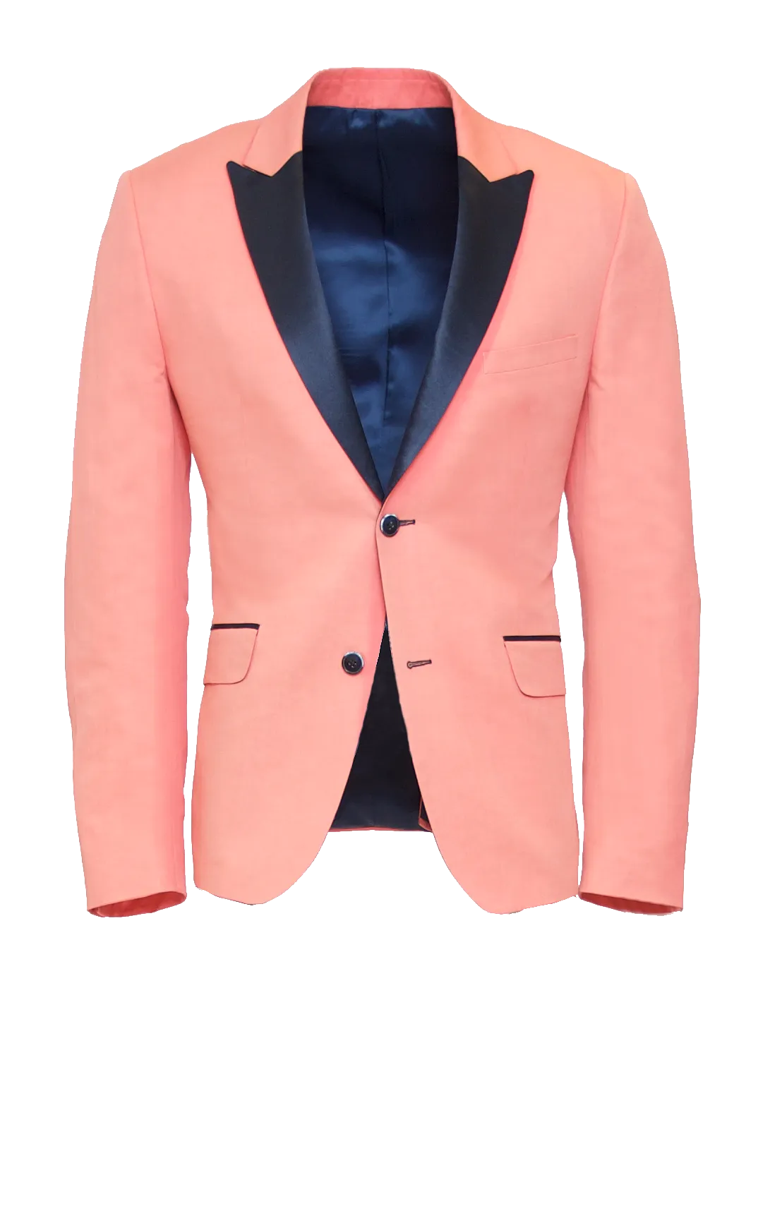 CORAL PINK FITTED 2-BUTTON SINGLE BREASTED WOOL SUIT JACKET W/ NAVY SATIN LAPEL