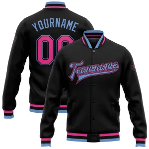 Custom Black Pink-Light Blue Bomber Full-Snap Varsity Letterman Jacket