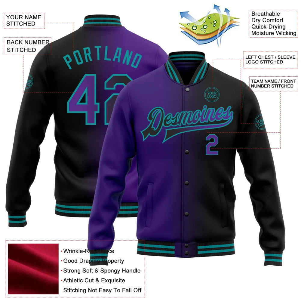 Custom Black Purple-Teal Bomber Full-Snap Varsity Letterman Gradient Fashion Jacket