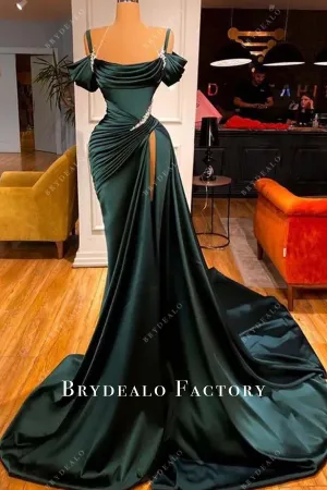 Dark Green Satin Cold Shoulder Slit Long Formal Dress