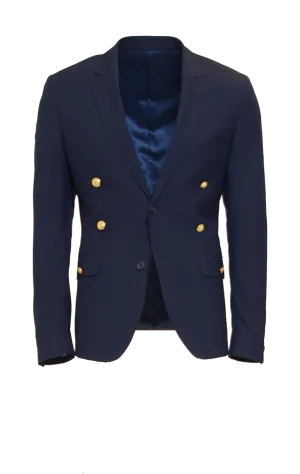 DEEP NAVY FITTED 2-BUTTON SINGLE BREASTED WOOL SUIT JACKET W/ GOLD HARDWARE