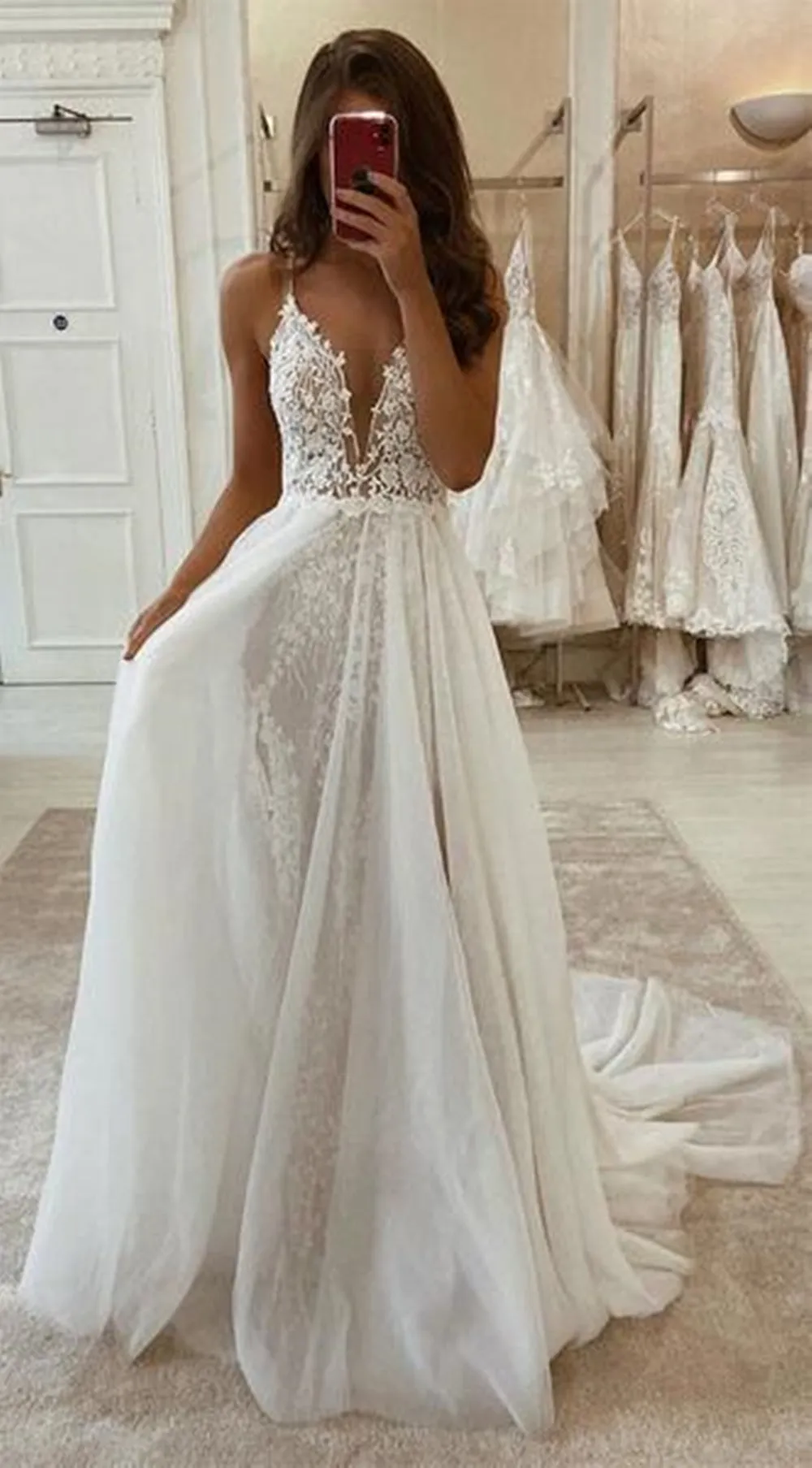 Deep V Neck Ivory Lace Long Wedding Dresses, White Lace Formal Evening Prom Dresses with High