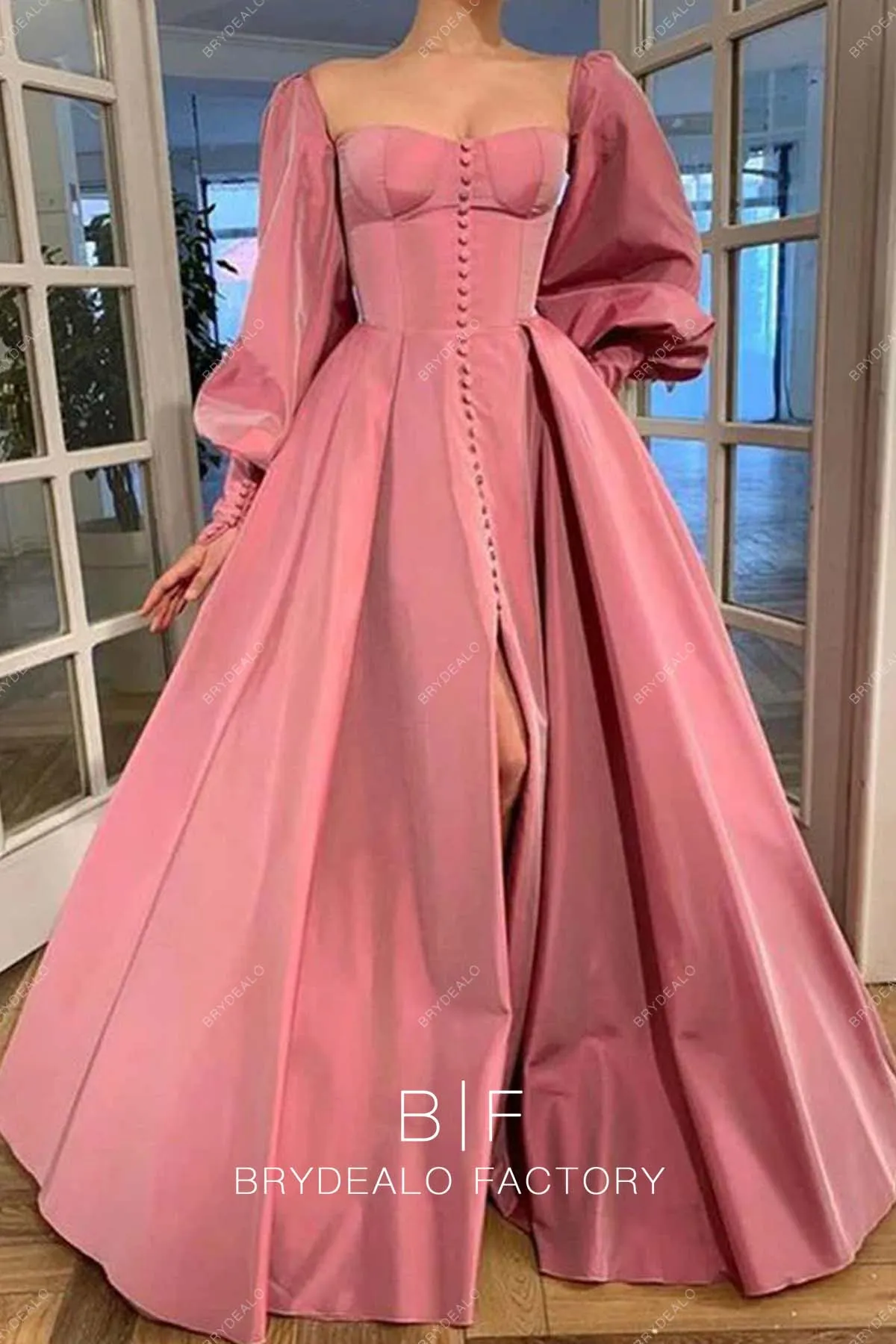 Dusty Pink Taffeta Long Sleeves Slit A-line Floor Length Evening Gown