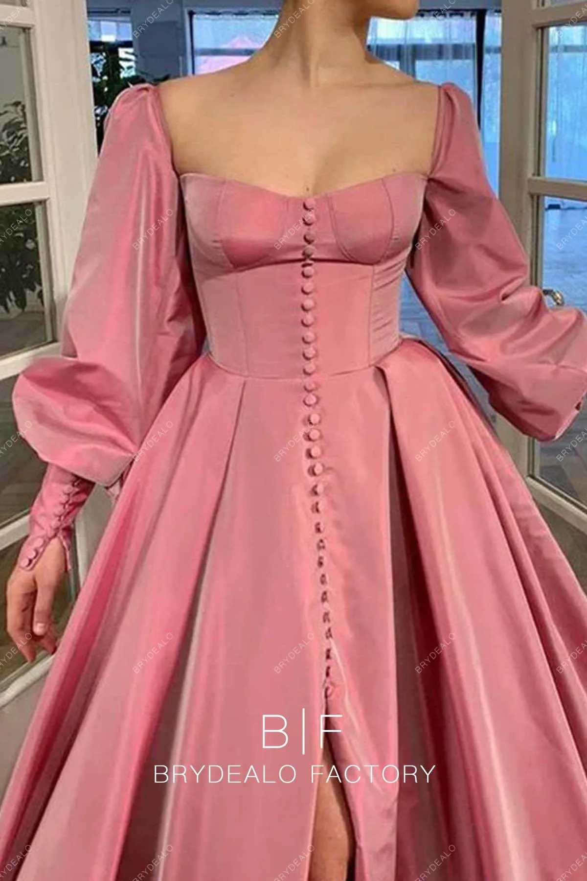 Dusty Pink Taffeta Long Sleeves Slit A-line Floor Length Evening Gown