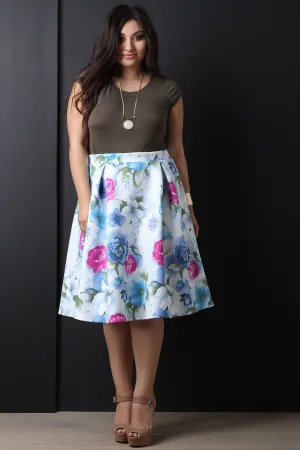 Floral Pleated A-Line Midi Skirt