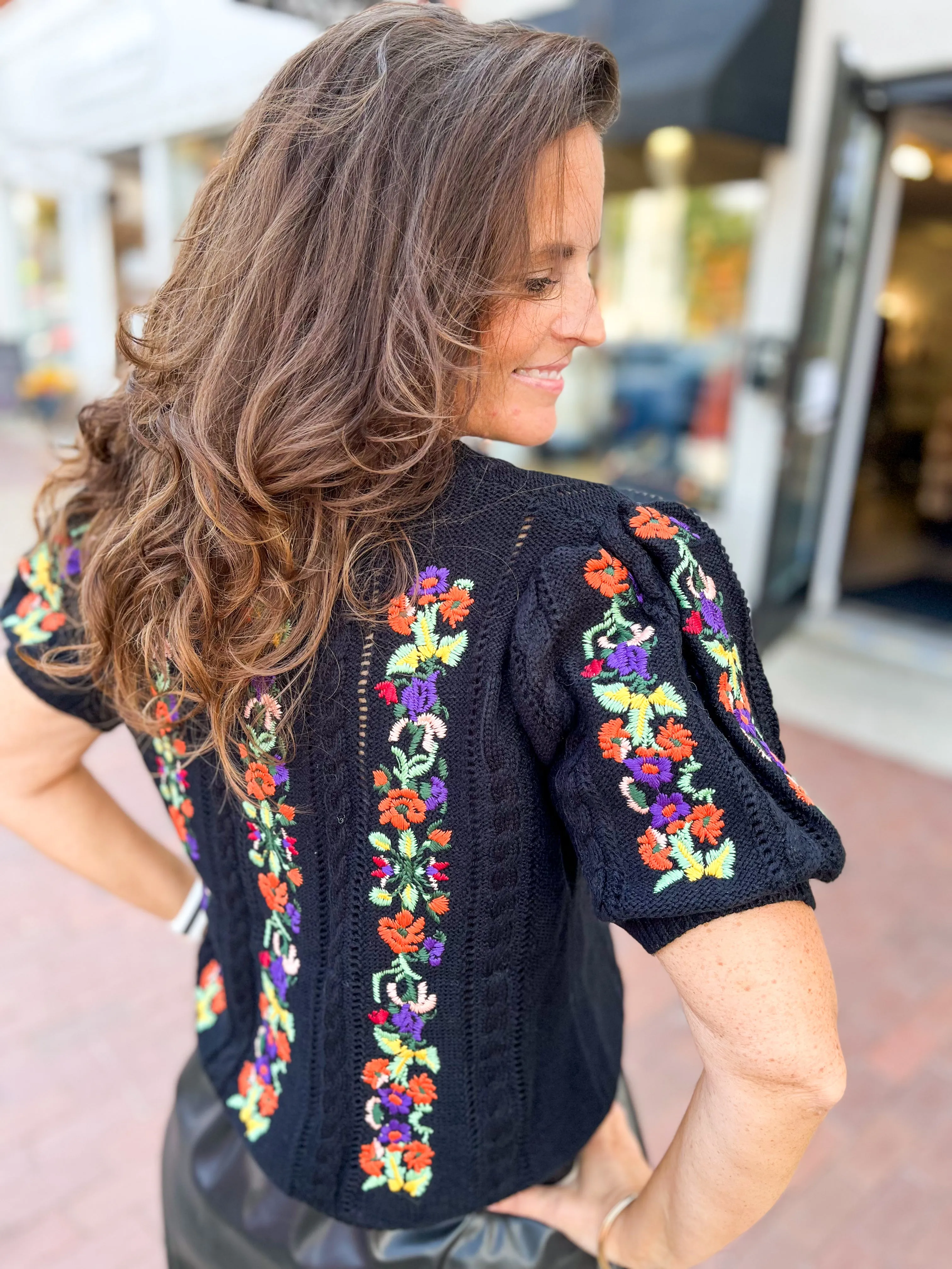 Flower Embroidered Short Sleeve Sweater