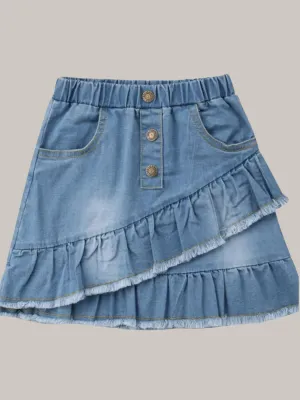 Girls  Asymmetrical Front Ruffle Frayed Hem Denim Skirt