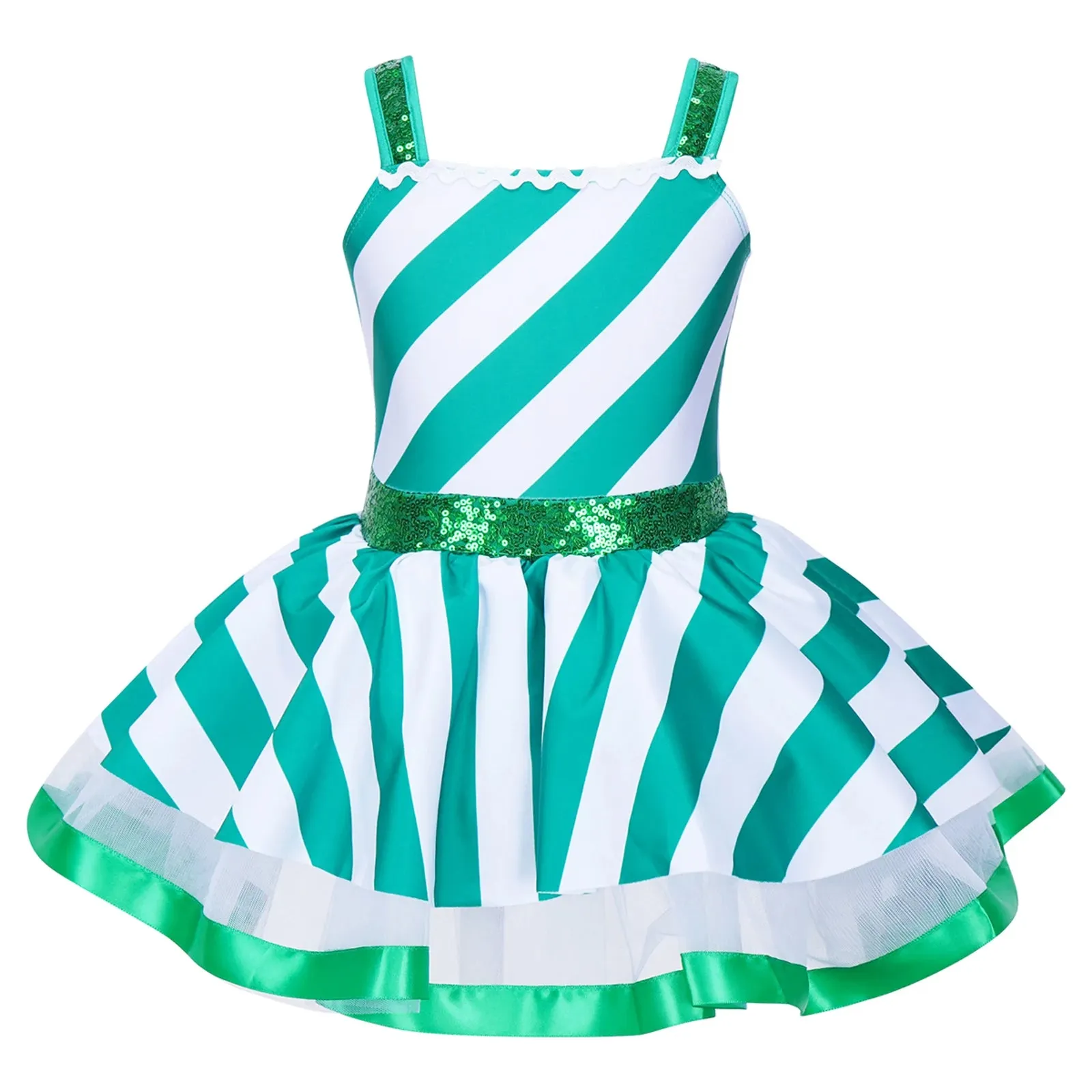 Girls Ballerina Costumes Sequins Striped Baton Twirling Leotard Dress