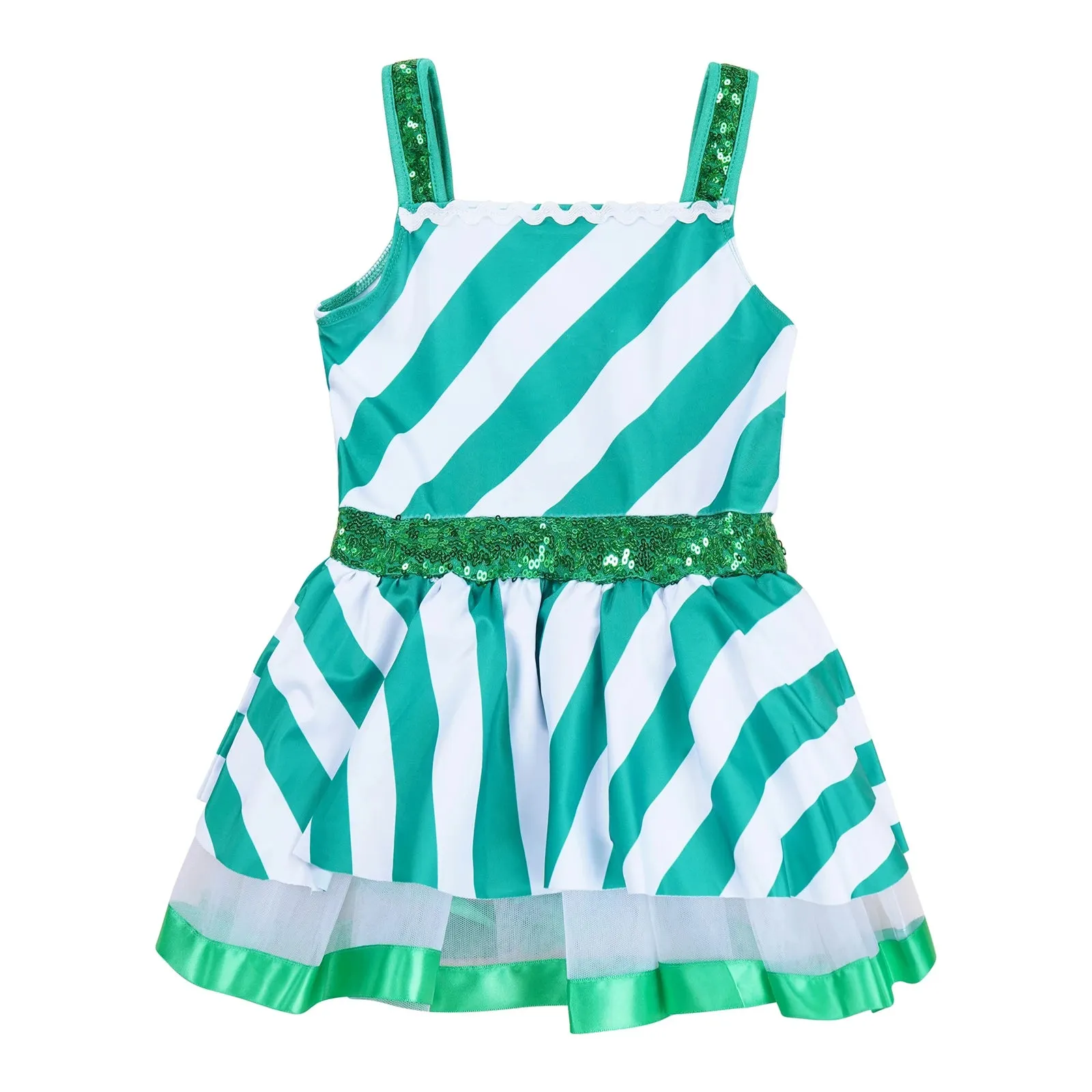 Girls Ballerina Costumes Sequins Striped Baton Twirling Leotard Dress