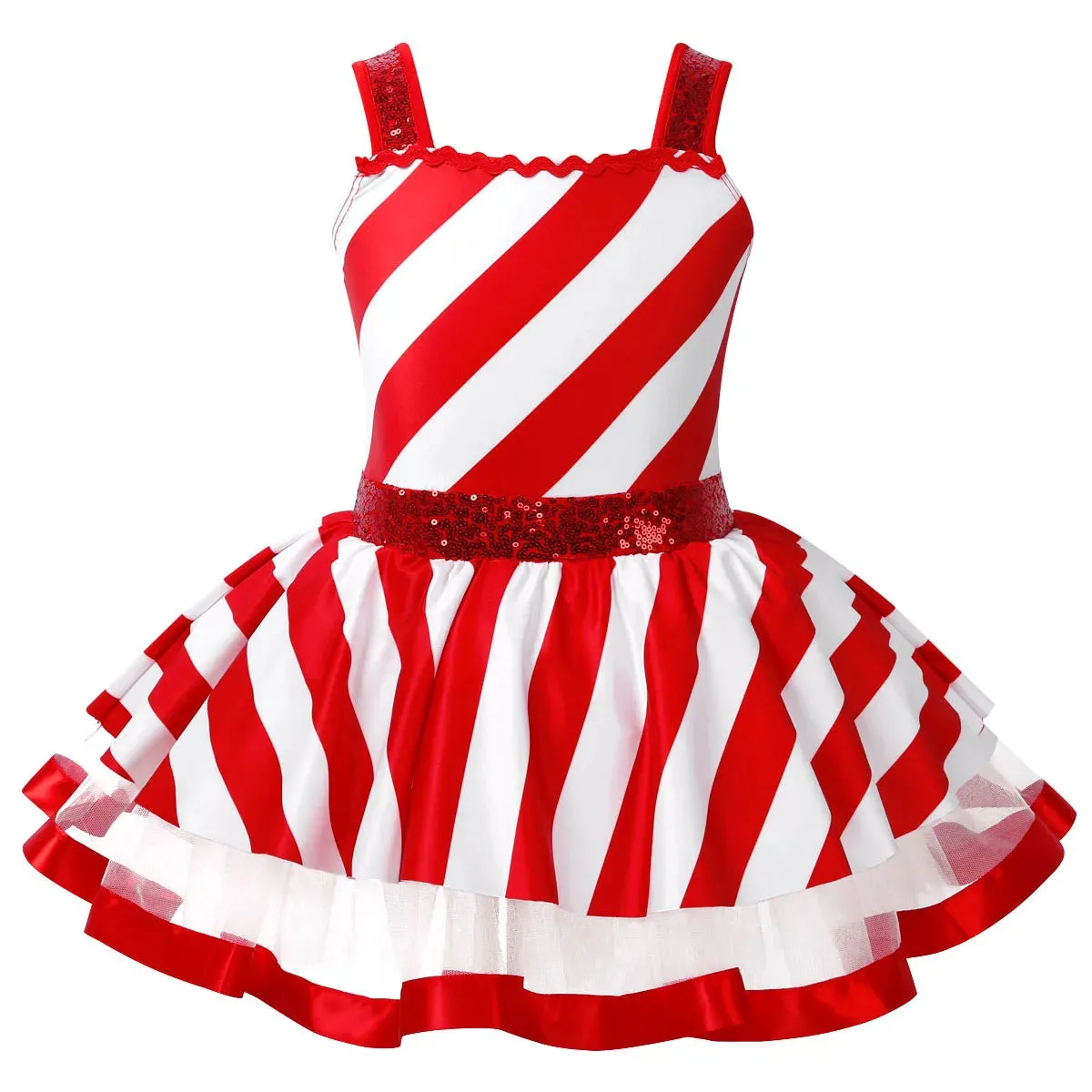 Girls Ballerina Costumes Sequins Striped Baton Twirling Leotard Dress