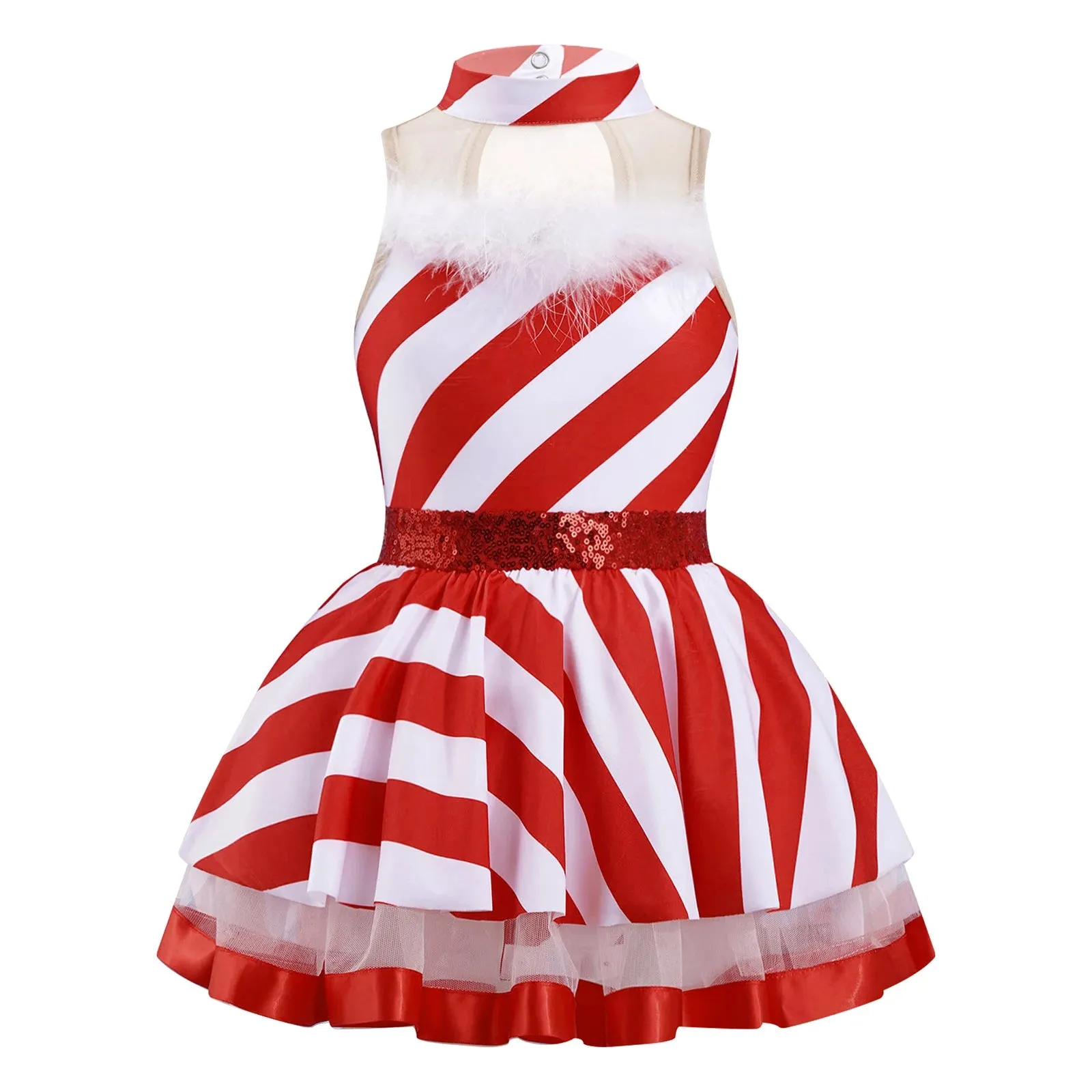 Girls Ballerina Costumes Sequins Striped Baton Twirling Leotard Dress