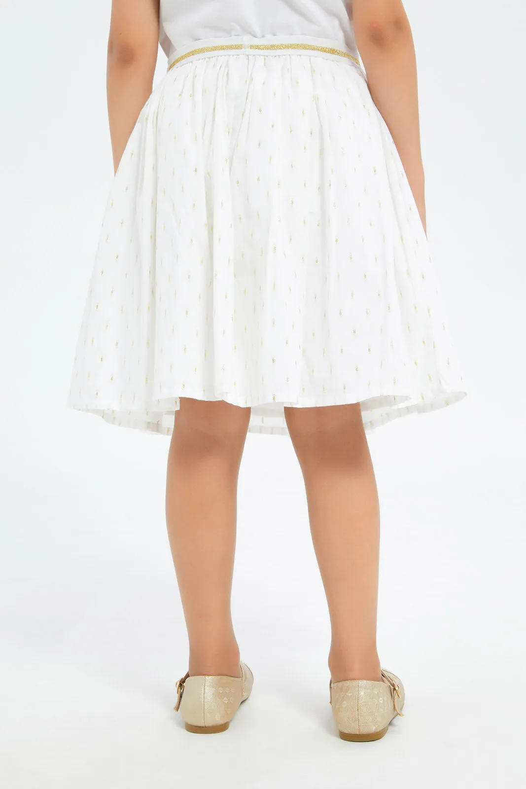 Girls White A-Line Gold Embellished Skirt