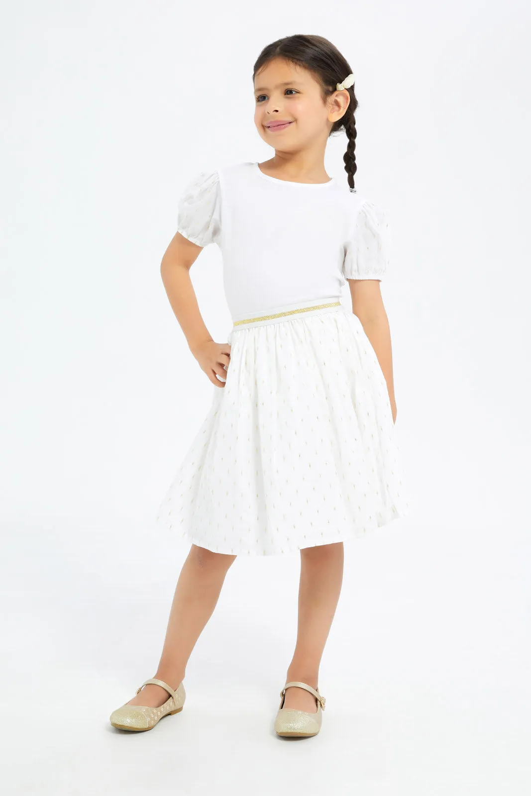 Girls White A-Line Gold Embellished Skirt