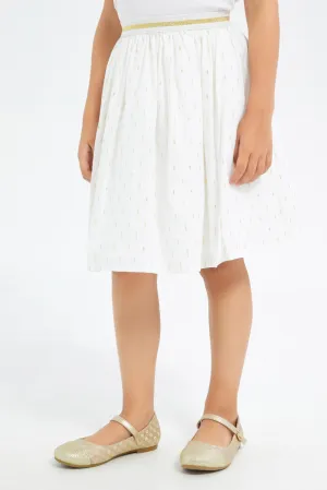 Girls White A-Line Gold Embellished Skirt