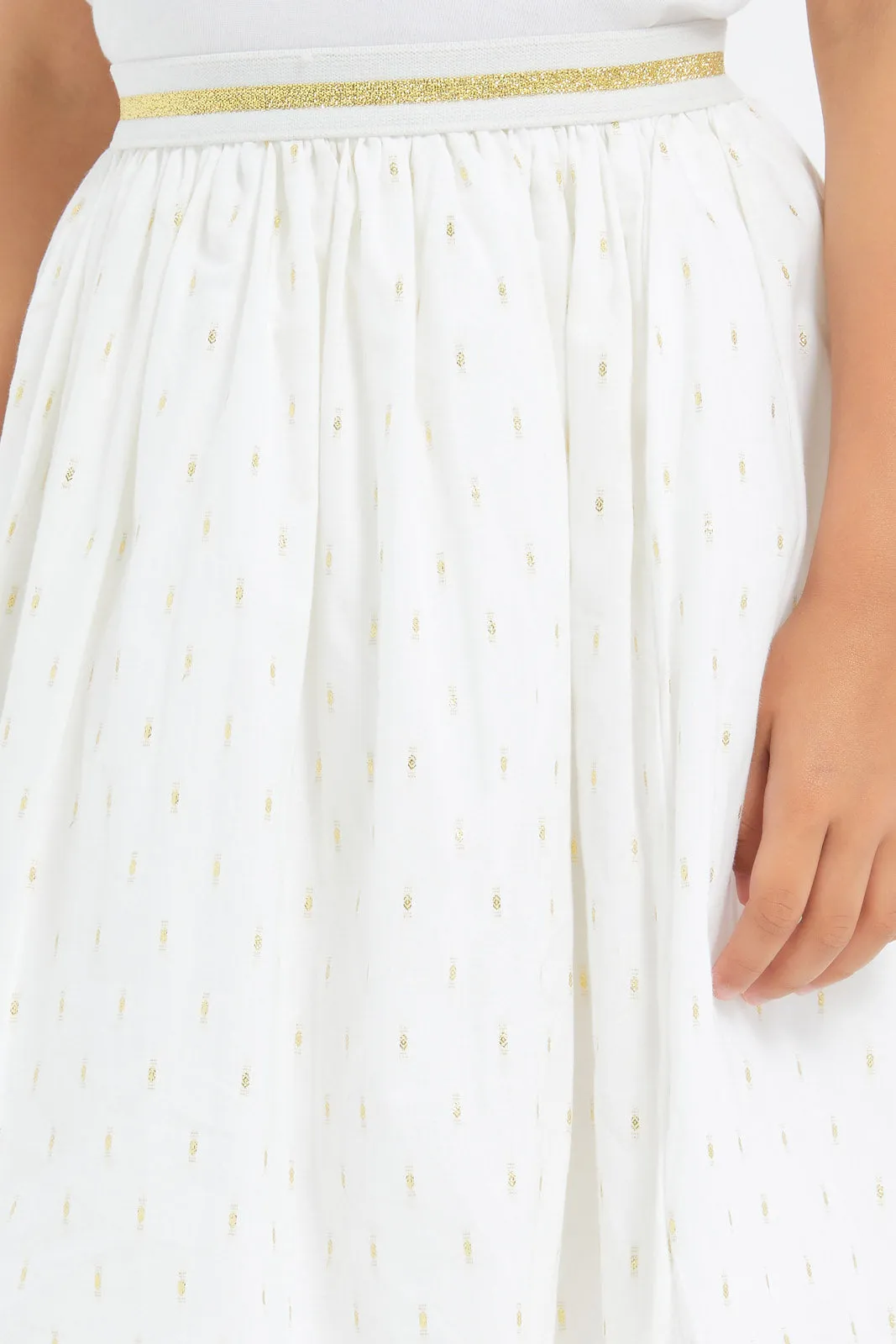 Girls White A-Line Gold Embellished Skirt