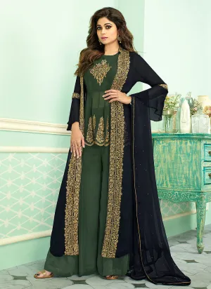 Green And Blue Embroidered Jacket Style Palazzo Suit