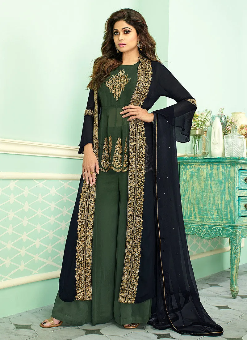 Green And Blue Embroidered Jacket Style Palazzo Suit