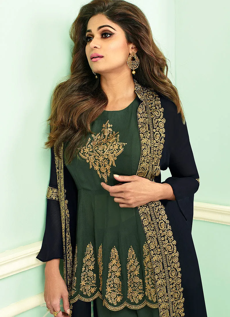 Green And Blue Embroidered Jacket Style Palazzo Suit