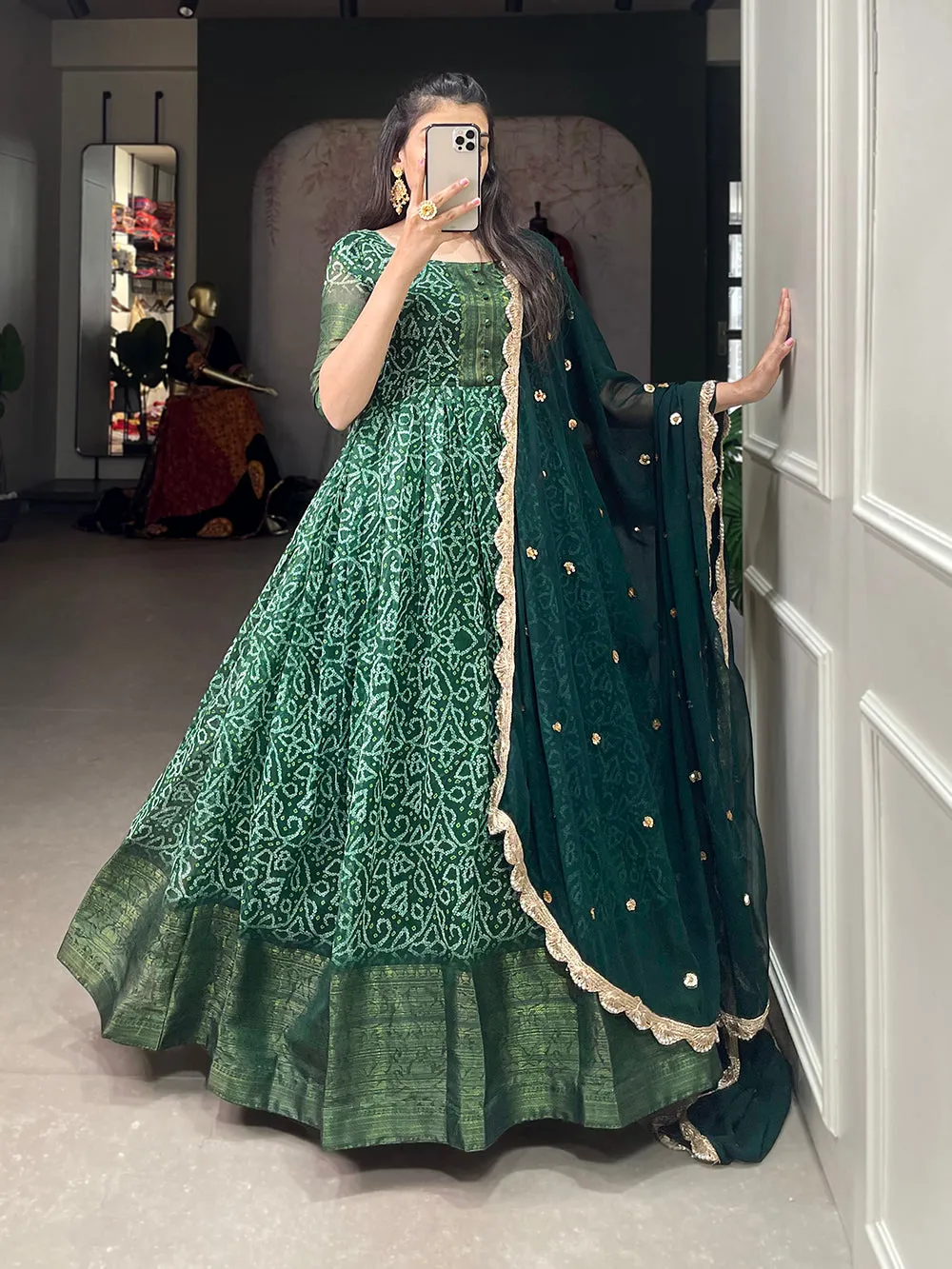 Green Color Printed With Weaving Work Patta Soft Chanderi  Dress