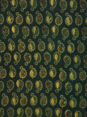 Green Lime Black Ajrakh Hand Block Printed Cotton Fabric Per Meter - F003F1779