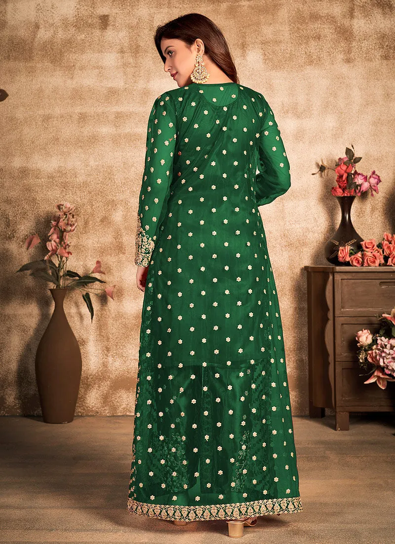 Green Traditional Embroidered Jacket Style Pant Suit