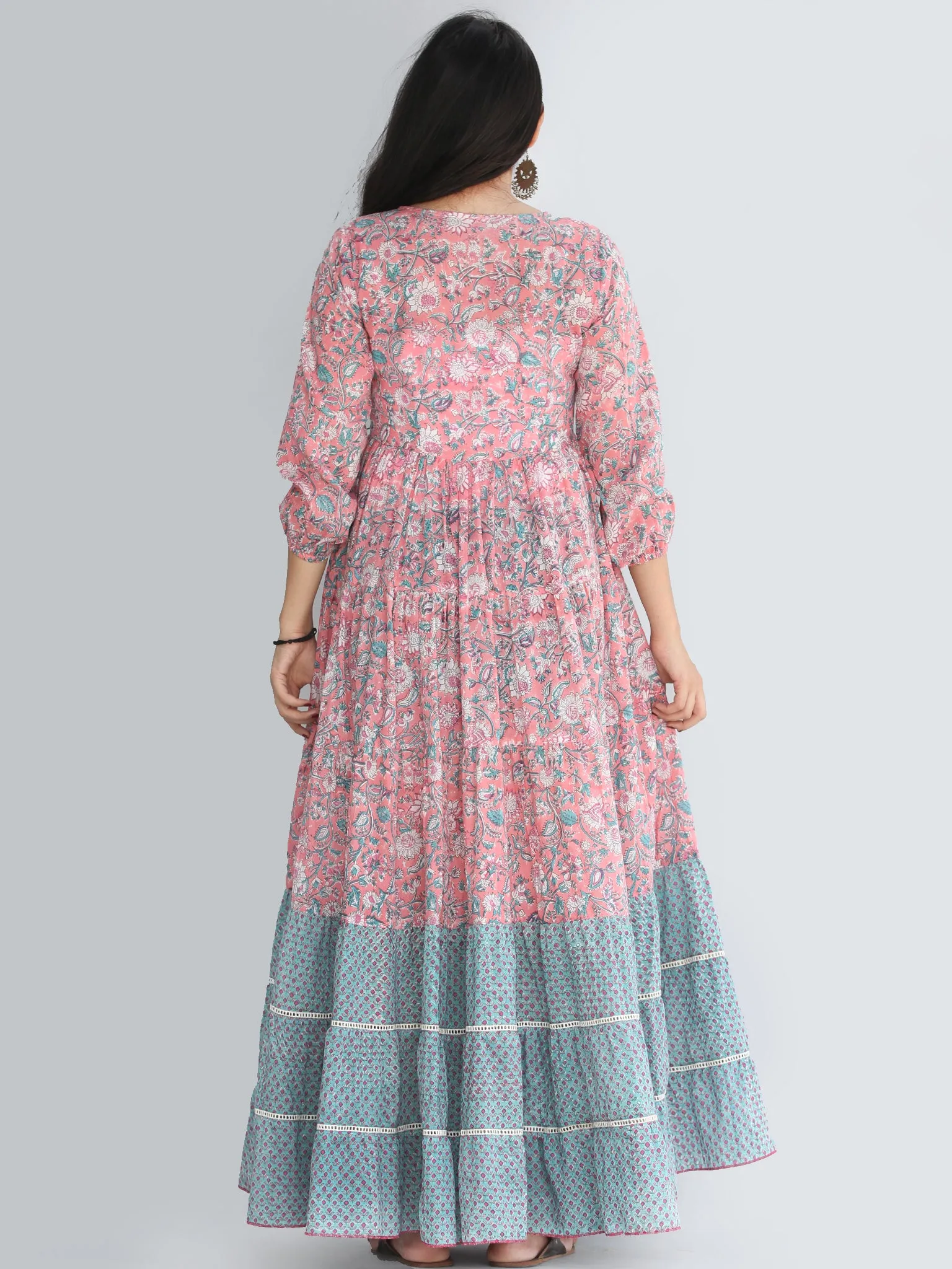 Gulzar Nohreen - Coral Hand Block Printed Tiered Long Angrakha Dress With Lace & Tassels - D409F2168