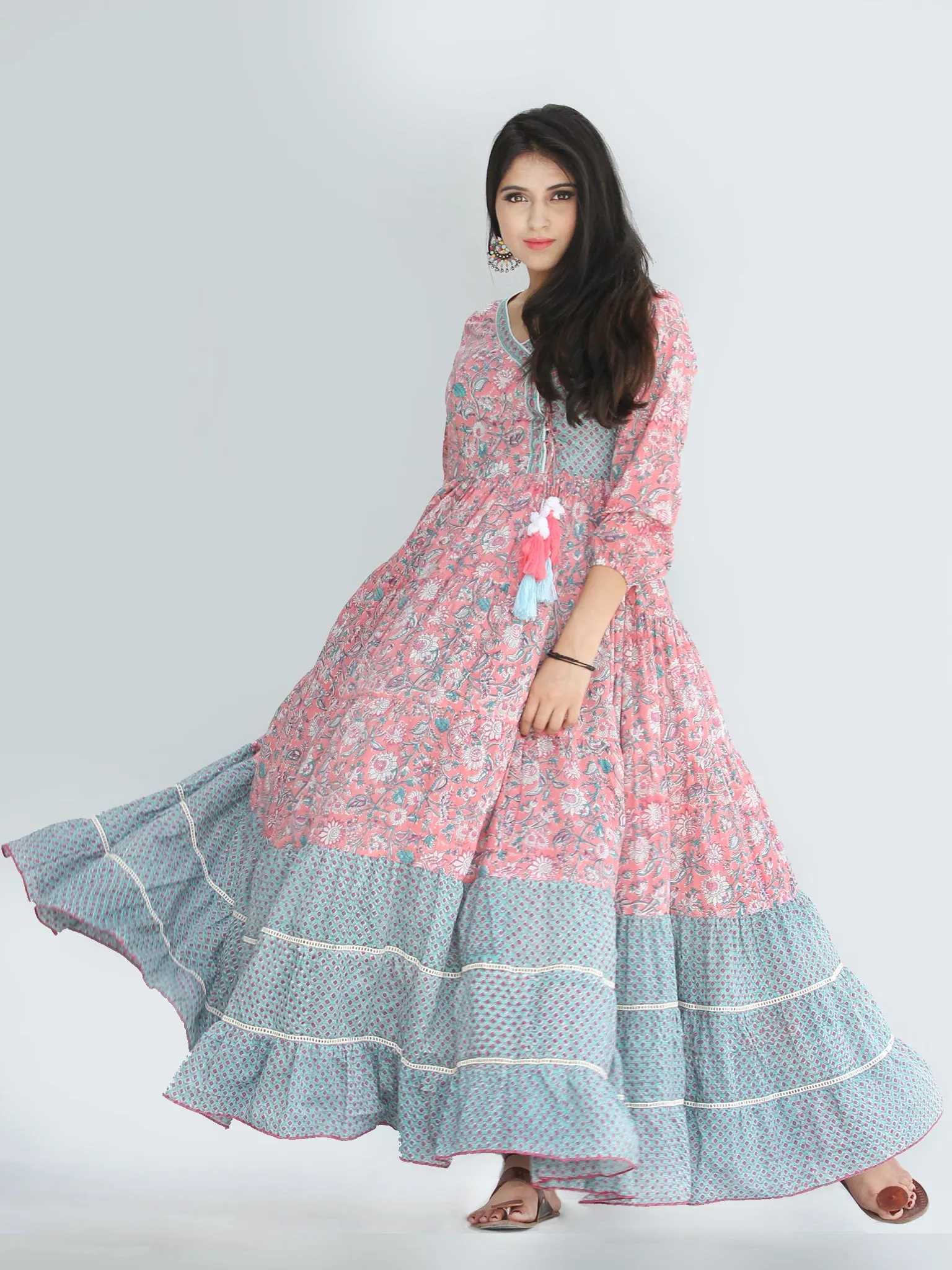 Gulzar Nohreen - Coral Hand Block Printed Tiered Long Angrakha Dress With Lace & Tassels - D409F2168