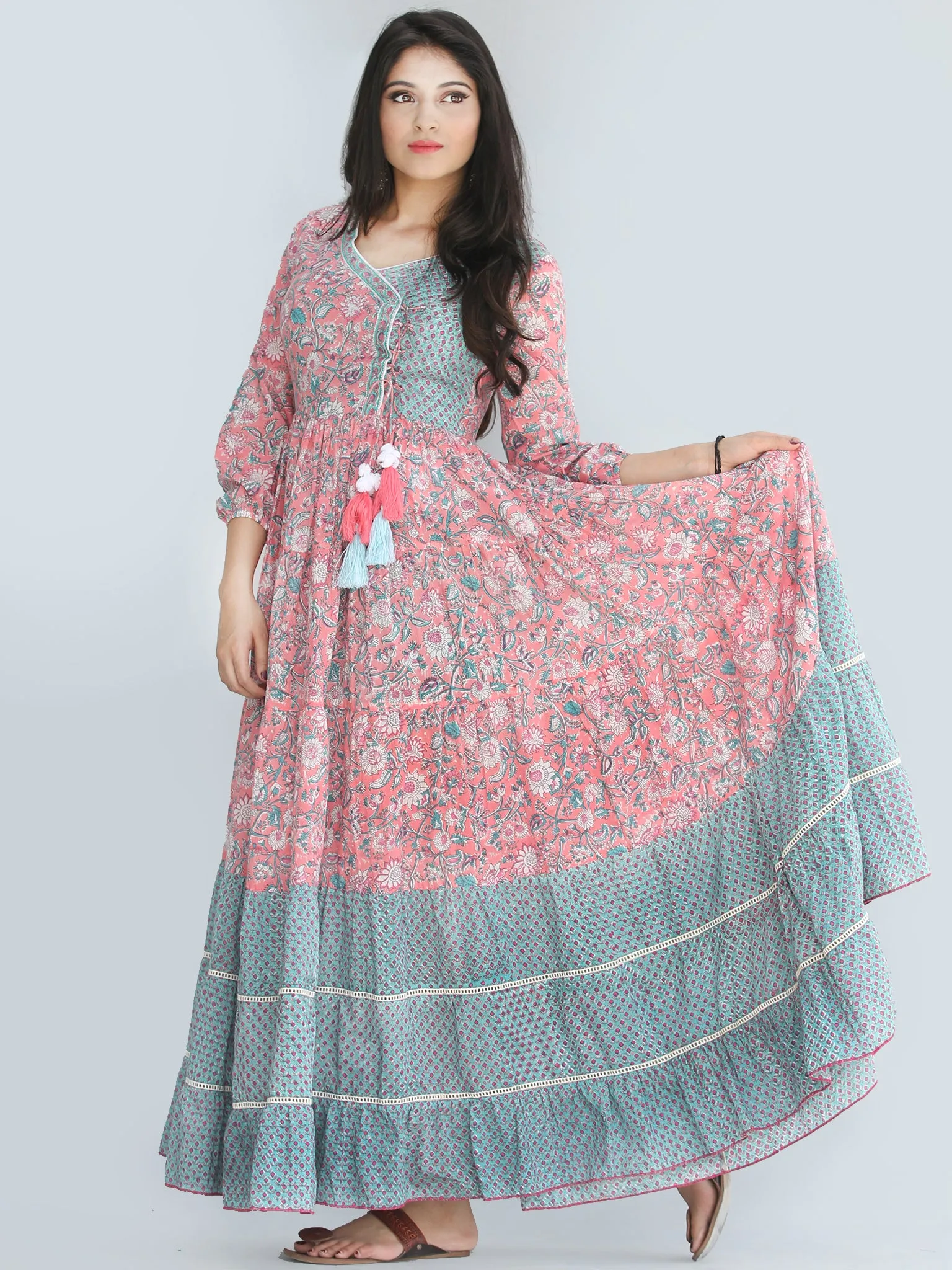 Gulzar Nohreen - Coral Hand Block Printed Tiered Long Angrakha Dress With Lace & Tassels - D409F2168