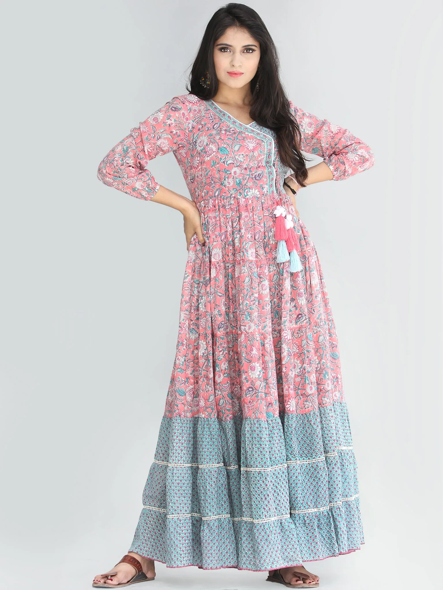 Gulzar Nohreen - Coral Hand Block Printed Tiered Long Angrakha Dress With Lace & Tassels - D409F2168