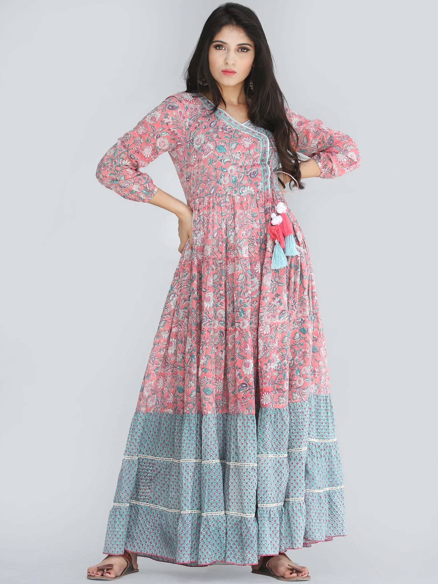 Gulzar Nohreen - Coral Hand Block Printed Tiered Long Angrakha Dress With Lace & Tassels - D409F2168