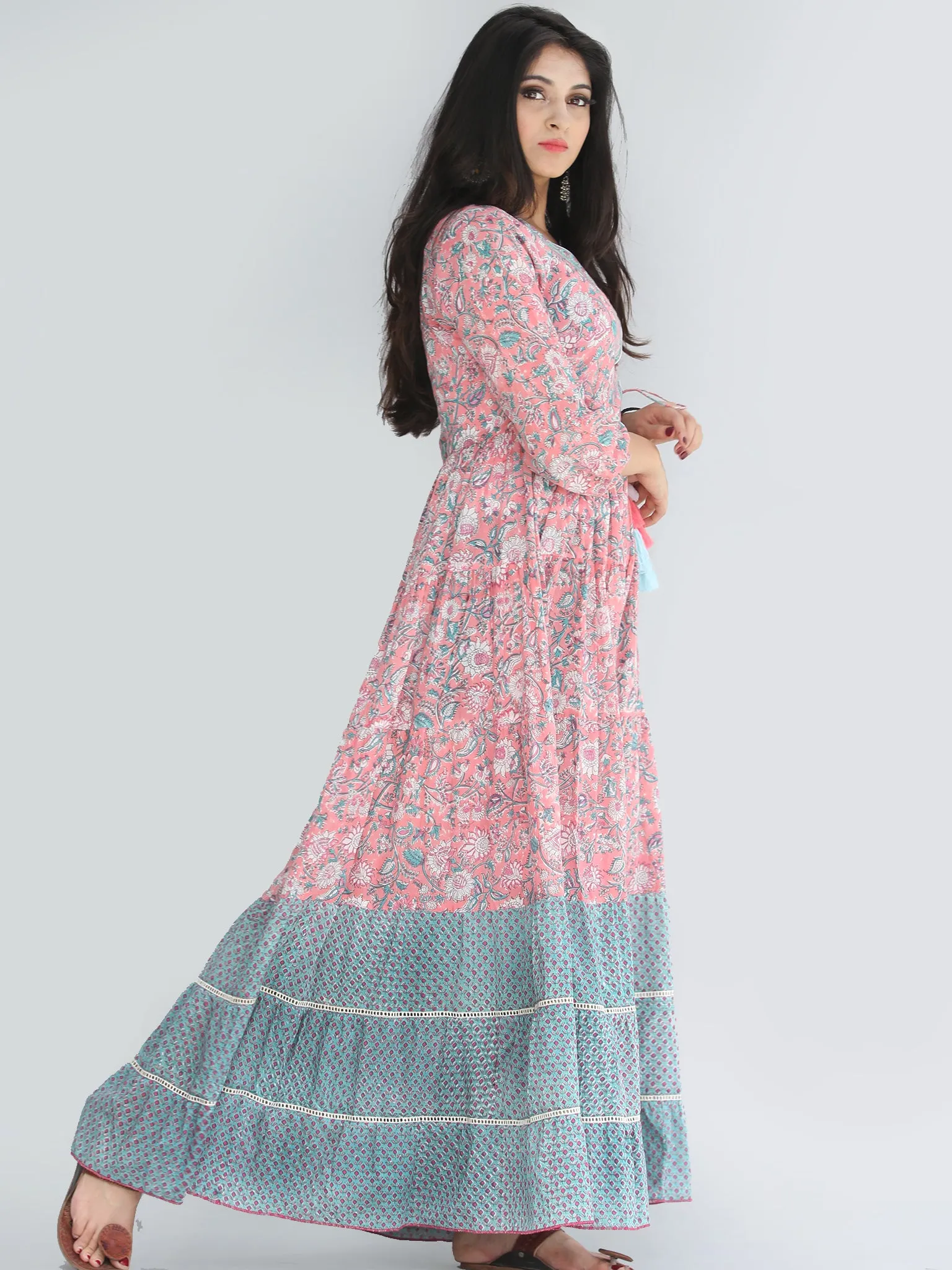 Gulzar Nohreen - Coral Hand Block Printed Tiered Long Angrakha Dress With Lace & Tassels - D409F2168