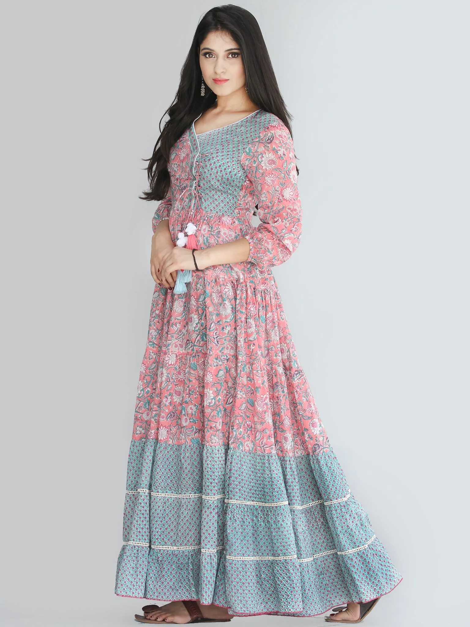 Gulzar Nohreen - Coral Hand Block Printed Tiered Long Angrakha Dress With Lace & Tassels - D409F2168